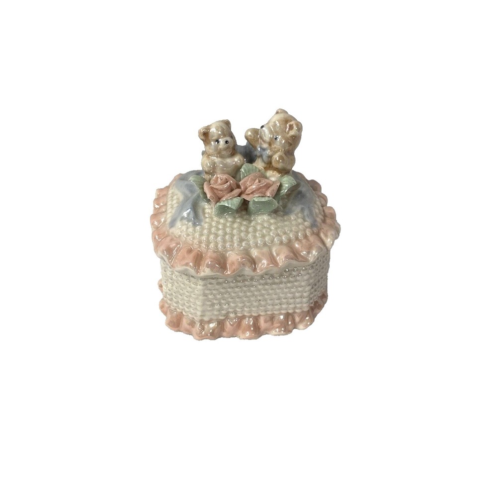vintage teddy bear roses pink white blue glazed jewerly trinket box